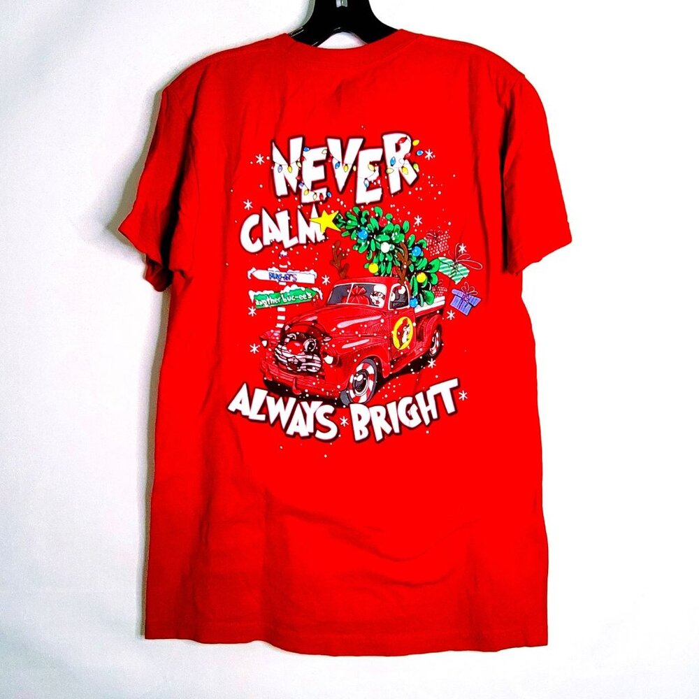 Buc-ee’s T Shirt Mens Medium Red Christmas Never Calm Always Bright Holiday